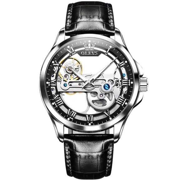 OLEVS Skeleton Watches for Men Automatic Self Winding Mechanical Luxury Leather